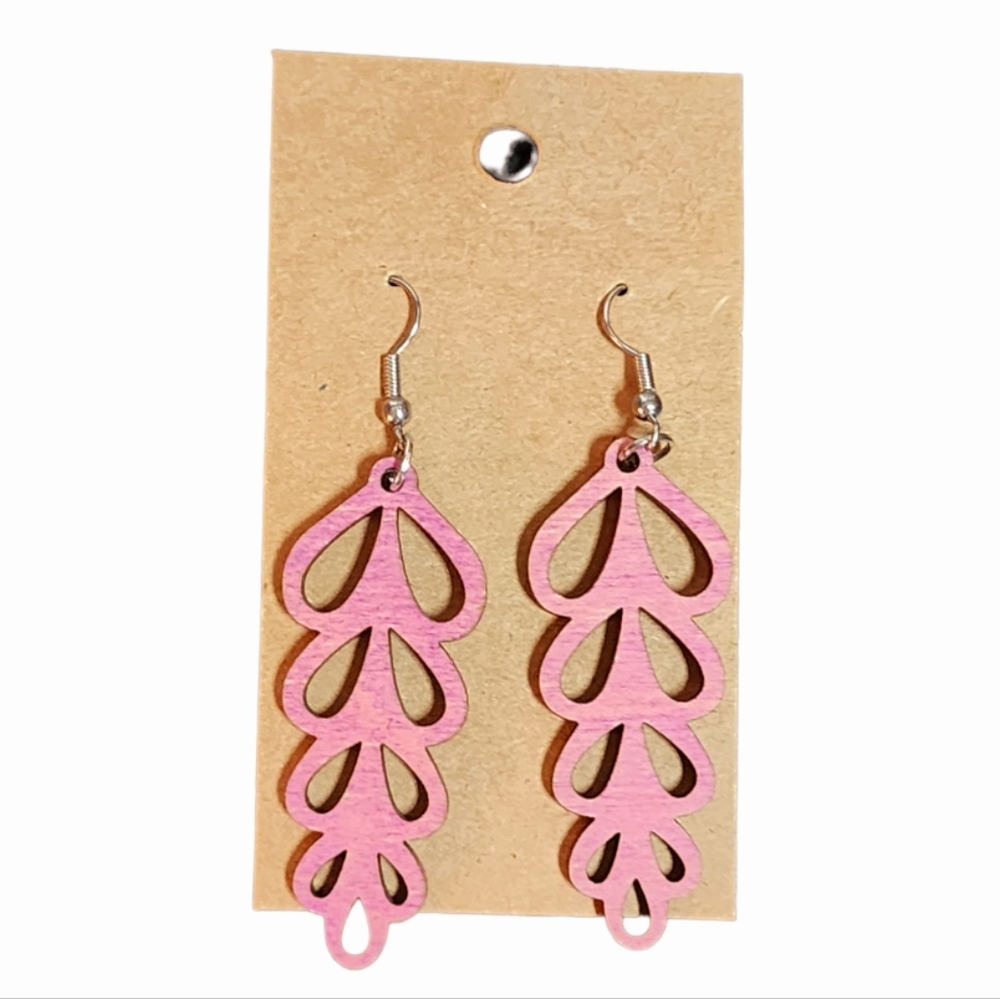 Boho Willow Pink Baltic Birch Wood Drop Earrings